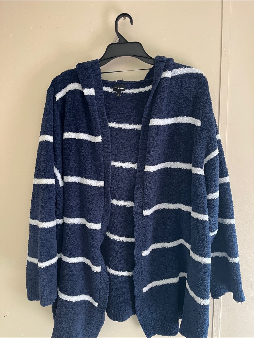 torrid Navy & White Striped Hooded Open Cardigan
